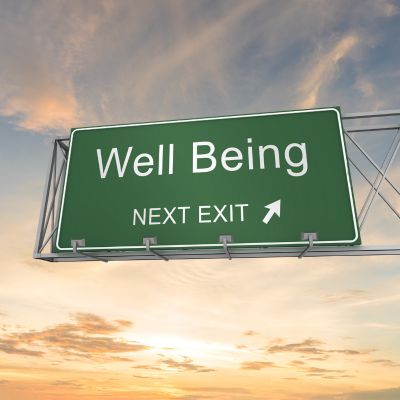 Well Being Next Exit Autobahn Ausfahrtschild mit der Aufschrift "Well Being next exit"