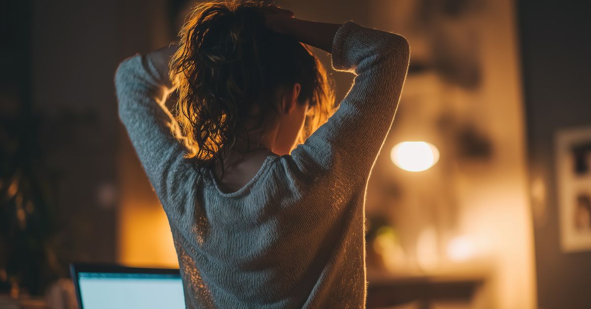 Frau sitzt abends vor dem aufgeklappten Laptop und greift sich mit beiden Händen an den Hinterkopf Damit ersetzt du meinen Vorschlag von vorhin. Auf deinem Bild sind weder Sofa noch Handy zu sehen.